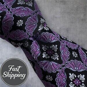 IKE BEHAR Silk Tie Floral geometric 100% Silk Necktie Black/Purple
